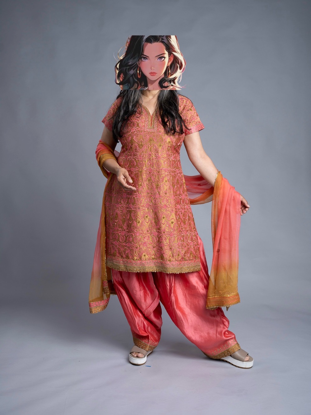 Embroidered Coral Pink Patiala Pants Wide Leg Set